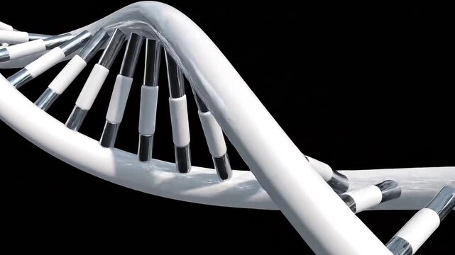 Close up of minimalist 3D DNA helix with glossy white and polished chrome metal structures