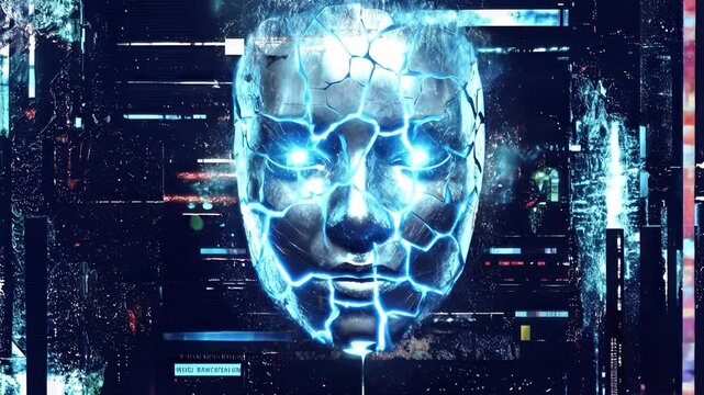 Cracked stone face with glowing blue eyes in digital environment. Abstract representation of artificial intelligence and cybernetic consciousness. Lockdown shot.