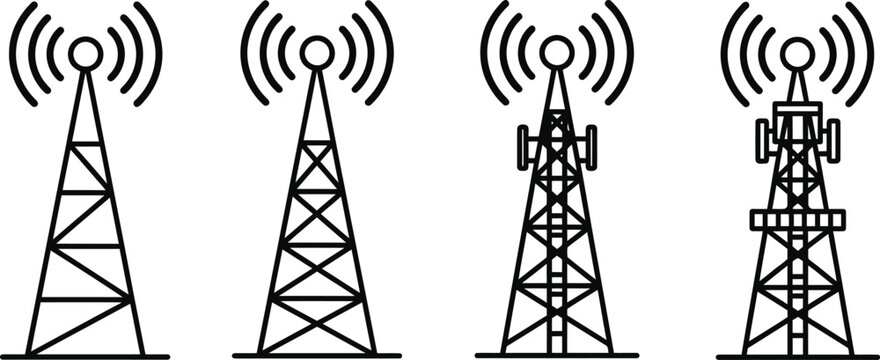 Cell tower silhouette set communication infrastructure icons isolated on transparent background