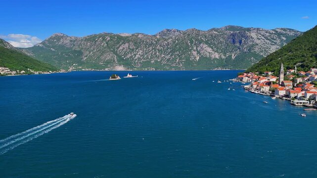 Aerial view of islands in the Bay of Kotor, featuring Our Lady of the Rocks Church and the Saint George Benedictine Monastery, Montenegro.