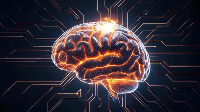 Human brain glowing with neural activity on electronic circuit board background. Digital representation of artificial intelligence and machine learning.