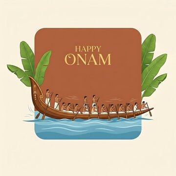 Happy onam festival illustration with traditional snake boat race in kerala