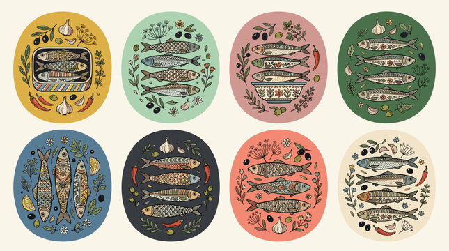 Vibrant Illustrated Sardine Fish Collection with Olive Branches and Spices on Colorful Backgrounds
