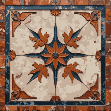 the patterns on vintage floor . Old rusty vintage worn shady patchwork motif tiles stone concrete cement wall texture background