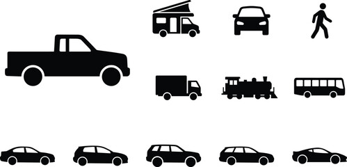 Set of black transportation vector icons and silhouettes featuring pickup truck cars bus train camper van and pedestrian sign isolated on white background © MDMEHEDI