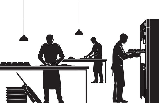Silhouette of chefs working in a kitchen, preparing food