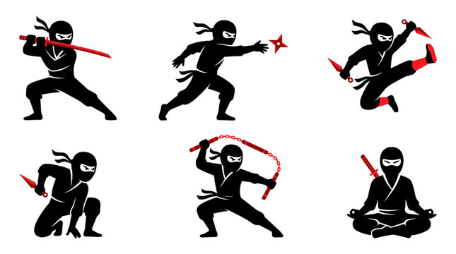 Dynamic Ninja Silhouettes in Various Action Poses with Weapons Set Collection