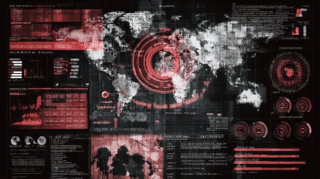 Digital interface displays critical global data and analysis on a dark background
