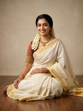 Portrait of a beautiful south indian woman in traditional kerala kasavu saree