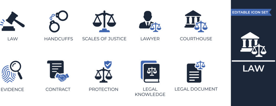 Legal icon set: justice scales, court gavel, lawyer briefcase, handcuffs, law book & legal document symbols. Professional vector glyph collection.