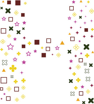 Abstract pattern letter H with colorful geometric shapes stars squares and crosses floating in a creative scattered composition for modern graphic design projects and digital art backgrounds