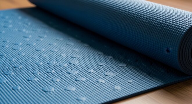 Blue yoga mat texture with a subtle dot pattern lying on a wooden floor, close up macro photography