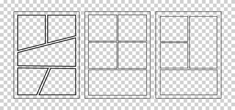 Manga comic book page layout templates with blank panels and white frames for creative storyboarding and graphic novel art.