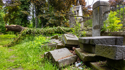 Old stone blocks and fragments of tombstones scattered on green grass next to a historic concrete fence with metal bars, with a large fallen tree trunk visible in the background in an overgrown park. © Adam