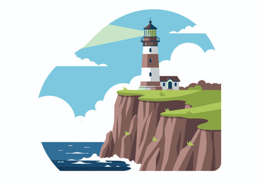 Beautiful red and white lighthouse on a rocky cliff overlooking the blue ocean seascape illustration