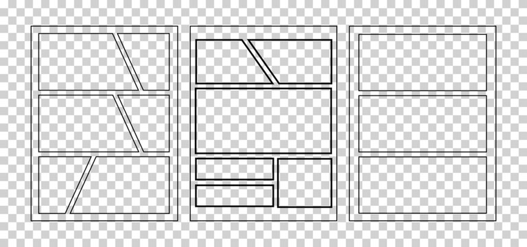 Comic book panel layouts with diverse artistic frame arrangements.