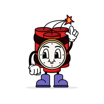 Retro Cartoon Dynamite Time Bomb Character with Clock Face Mascot Vector