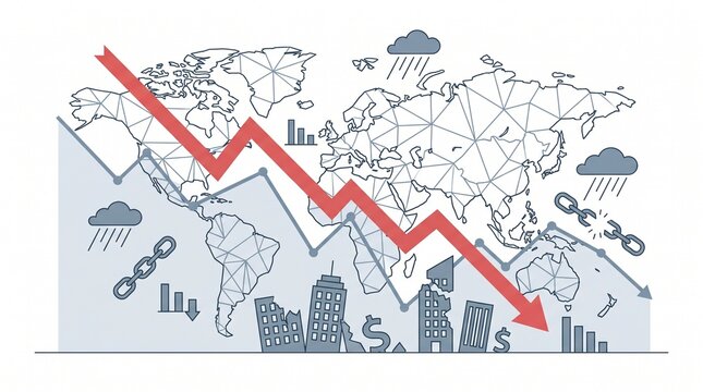 Vector illustration depicting a severe global economic downturn, symbolizing financial instability and market collapse with a prominent red arrow over a world map and urban landscapes