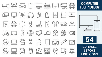 Computer technology icons set. computers, smart phone, watches, speaker, tablet, and more. Outline Icon Collection. Editable stroke. Vector illustration © Kingko