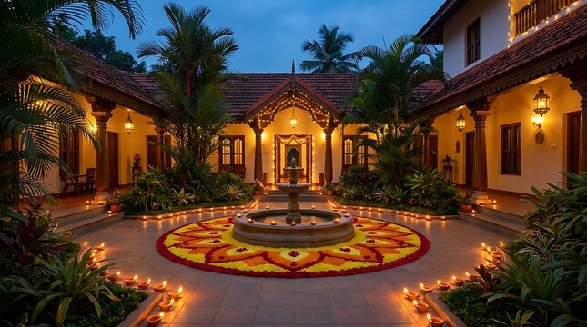 Traditional indian courtyard decorated with pookalam and diyas for diwali