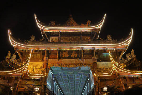 Night view of ancient chinese architecture of Nanqiao Bridge, also known as Puji Bridge at Dujiangyan Scenic Area, Sichuan Province of China
