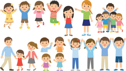 Fototapeta premium Happy Children and Family Character Collection Featuring Kids Playing, Jumping, Waving, Walking Together, and Cute Cartoon People Illustrations