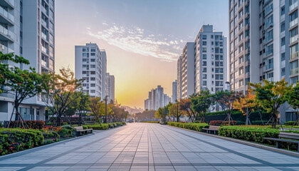Fototapeta premium Large Korean Apartment Complex Walkway At Sunset