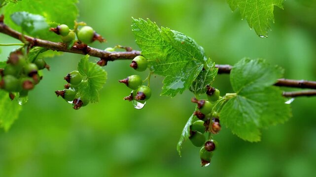 Macro close up of unripe green currant berries growing on a branch with fresh leaves and raindrops. Natural garden scene after rainfall with vibrant greenery