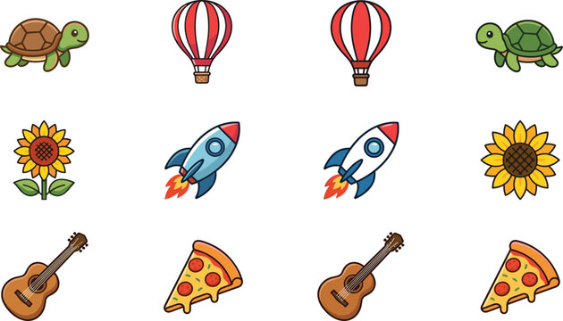 Cute Colored Line Art Vector Icon Set Featuring Playful Turtles, Hot Air Balloons, Blooming Sunflowers, Space Rockets, Acoustic Guitars, and Pizza Slices