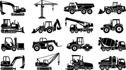 Obraz premium Silhouette construction machinery icons set with excavators, cranes, dump trucks, forklifts, tractors, loaders and industrial vehicles for building, engineering and heavy equipment . 