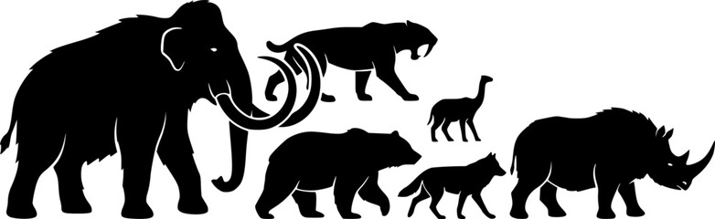 Obraz premium Prehistoric and modern animal silhouettes, mammoth saber‑toothed cat bear wolf rhino, megafauna art, vector illustration, wildlife icon, nature design, extinct species, ice age fauna 