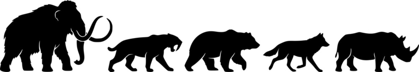 Obraz premium Prehistoric and modern animal silhouettes, mammoth saber‑toothed cat bear wolf rhino, megafauna art, vector illustration, wildlife icon, nature design, extinct species, ice age fauna See Less 