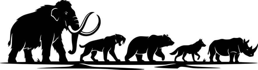 Obraz premium Prehistoric and modern animal silhouettes, mammoth saber‑toothed cat bear wolf rhino, megafauna art, vector illustration, wildlife icon, nature design, extinct species, ice age fauna 