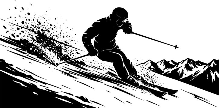 Dynamic skiing silhouette, skier in motion, winter sports action, alpine skiing, extreme sport, ski poles, downhill skiing, snow adventure.
