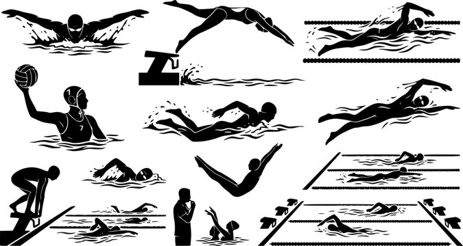 Swimming and water sports silhouettes, swimmer diving, freestyle, butterfly stroke, water polo player, pool, athletic aquatic sports vector set
