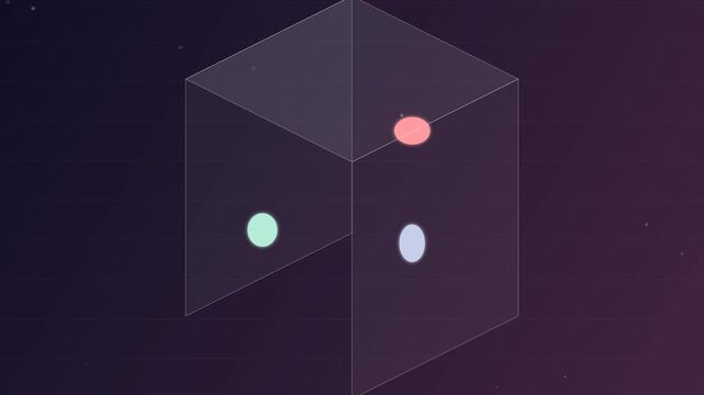 Abstract glowing particles floating inside a wireframe cube structure