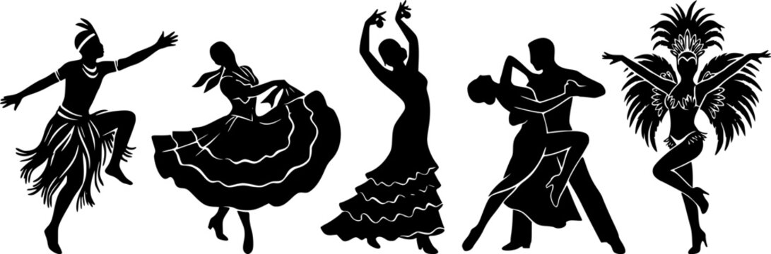 Silhouettes of cultural dancers performing traditional, folk, flamenco, Latin, and carnival dance styles in dramatic poses and festive costumes.
