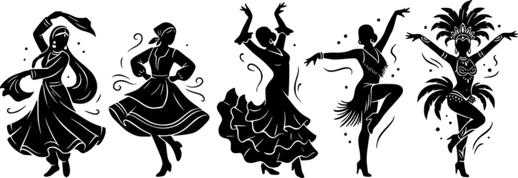 Silhouettes of cultural dancers performing traditional, folk, flamenco, Latin, and carnival dance styles in dramatic poses and festive costumes.
