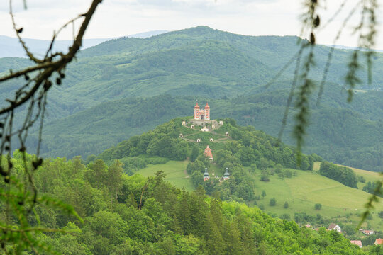 calvary banska stiavnica slovakia landscape green hill baroque church architecture, travel tourism pilgrimage concept of religion, history, travel