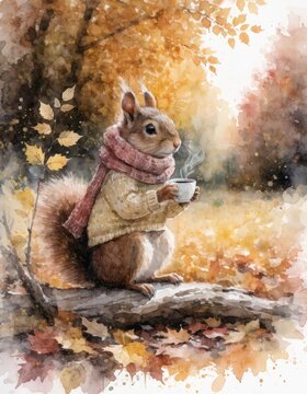 Cute squirrel in cozy sweater holding steaming cup in autumn forest setting, watercolor art