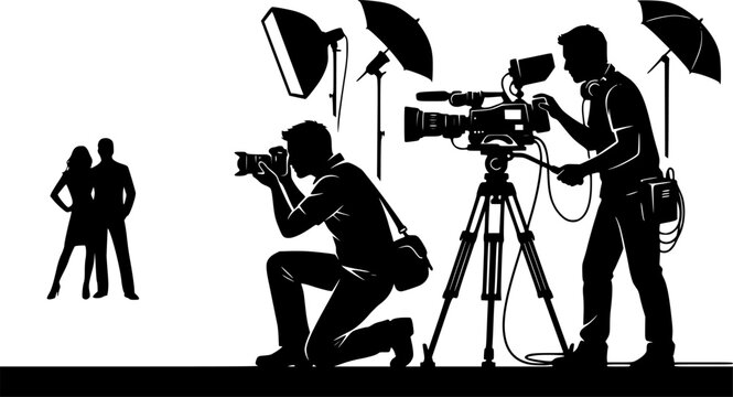 Photographer silhouette, videographer silhouette, camera operator, tripod setup, photo shoot, video recording, media production, capturing moments, professional photography ... See More
