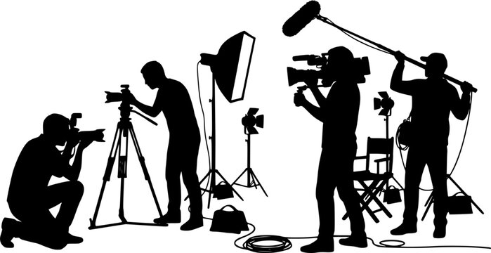 Photographer silhouette, videographer silhouette, camera operator, tripod setup, photo shoot, video recording, media production, capturing moments, professional photography ... See More
