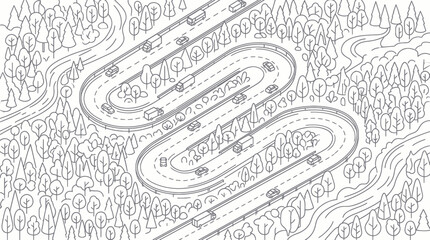 Obraz premium Winding Road Through Forest: Cars and Trucks on Highway, Aerial View