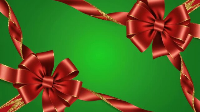 Festive Green Greeting Card Border with Elegant Red Satin Gift Ribbons and Bows.