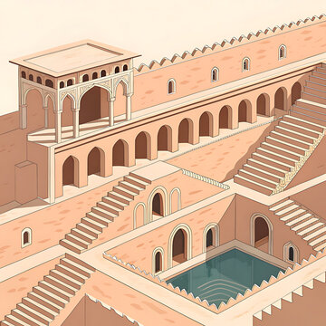 Ancient stepwell of Rajasthan, minimalist modern vector illustration, architectural geometry, travel artwork