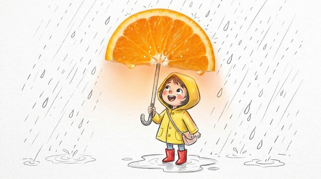 Child holds an orange umbrella while standing in rain on a gray background during a rainy day