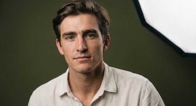 Portrait of a young man in a light linen shirt against an olive green background with a studio softbox in the frame