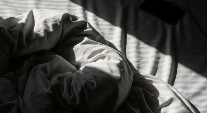 Messy Unmade Bed with White Striped Sheets and Duvet in Morning Sunlight with Harsh Shadows and Smartphone