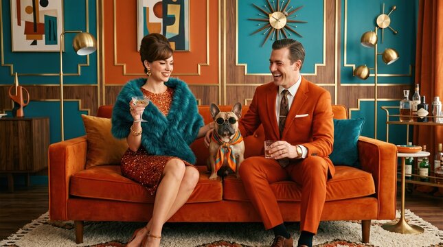 Couple sits on orange couch with dog wearing sunglasses in stylish room during evening party