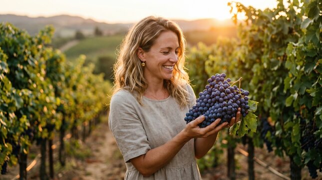 Woman holds bunch of grapes in vineyard during sunset in wine region